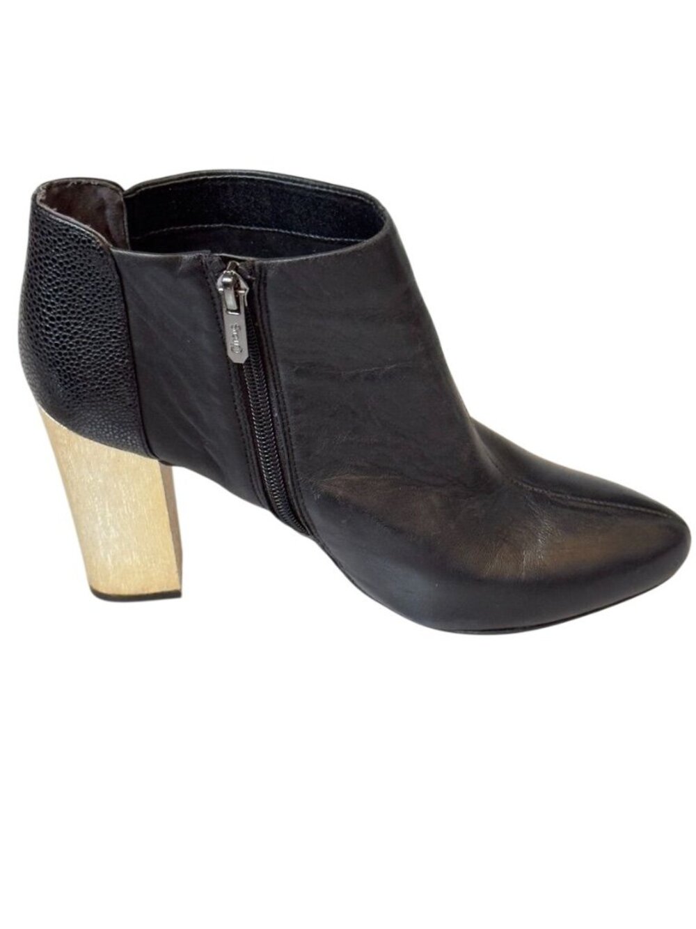 CIRCUS by Sam Edelman Shoes Black Leather Gold Block Heel Bootie Womans 8M - Picture 8 of 12